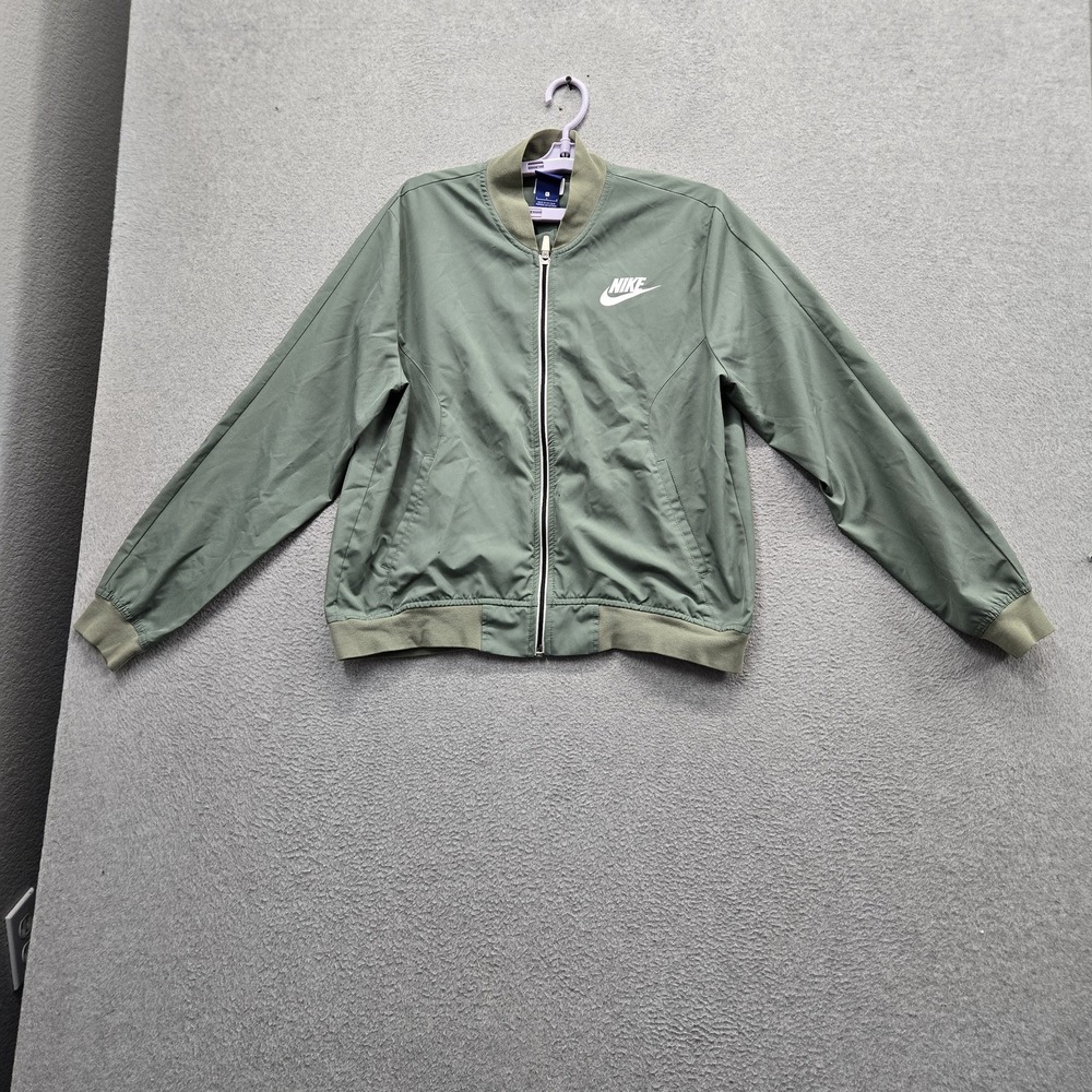 Nike Women Jacket L Green Bomber Swoosh Logo Spellout Full Zip Pockets Casual